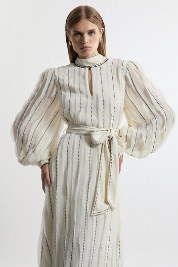 Lydia Millen Chiffon Top Stitch Detail Ruffle Belted Woven Midaxi Dress ivory