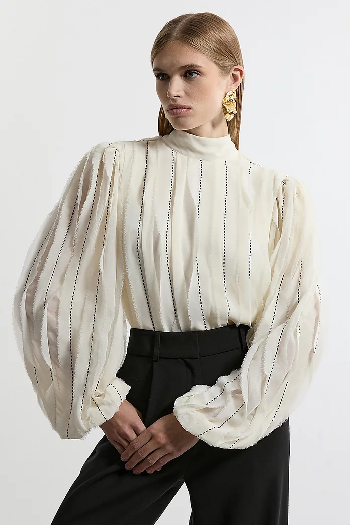 Lydia Millen Chiffon Top Stitch Detail Ruffle Woven Blouse Lydia Millen Chiffon Top Stitch Detail Ruffle Woven Blouse