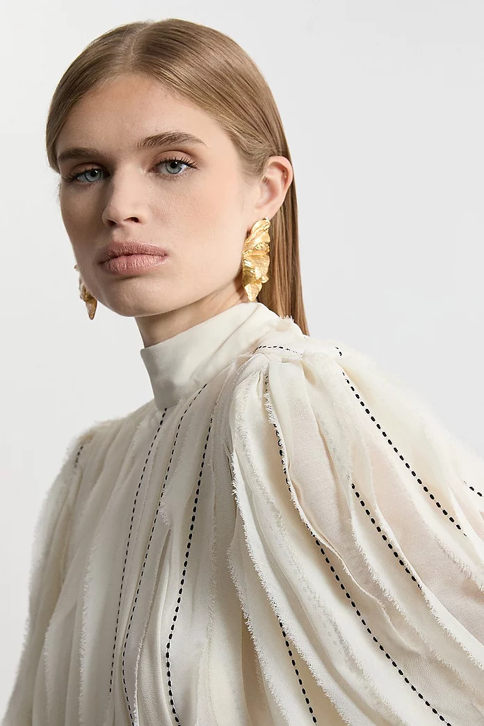 Lydia Millen Chiffon Top Stitch Detail Ruffle Woven Blouse Lydia Millen Chiffon Top Stitch Detail Ruffle Woven Blouse