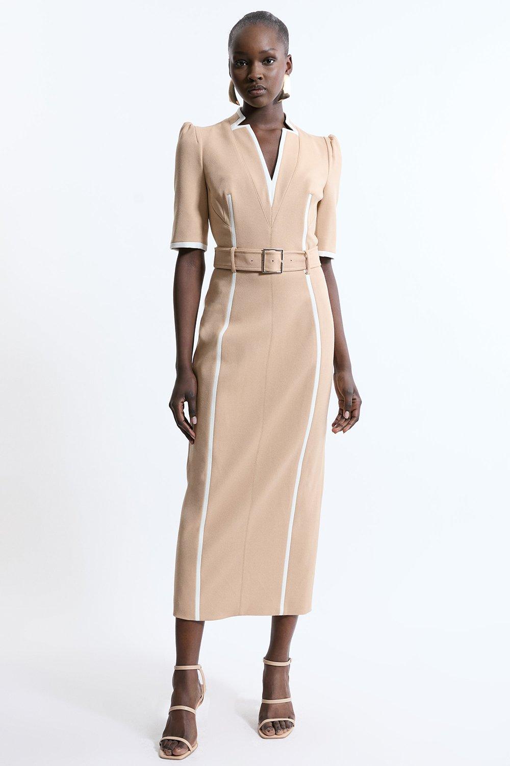 Tall Compact Stretch Contrast Tipped Forever Belted Tailored Midi Dress - Discount £60