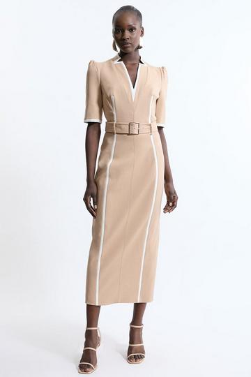 Tall Compact Stretch Contrast Tipped Forever Belted Tailored Midi Dress camel