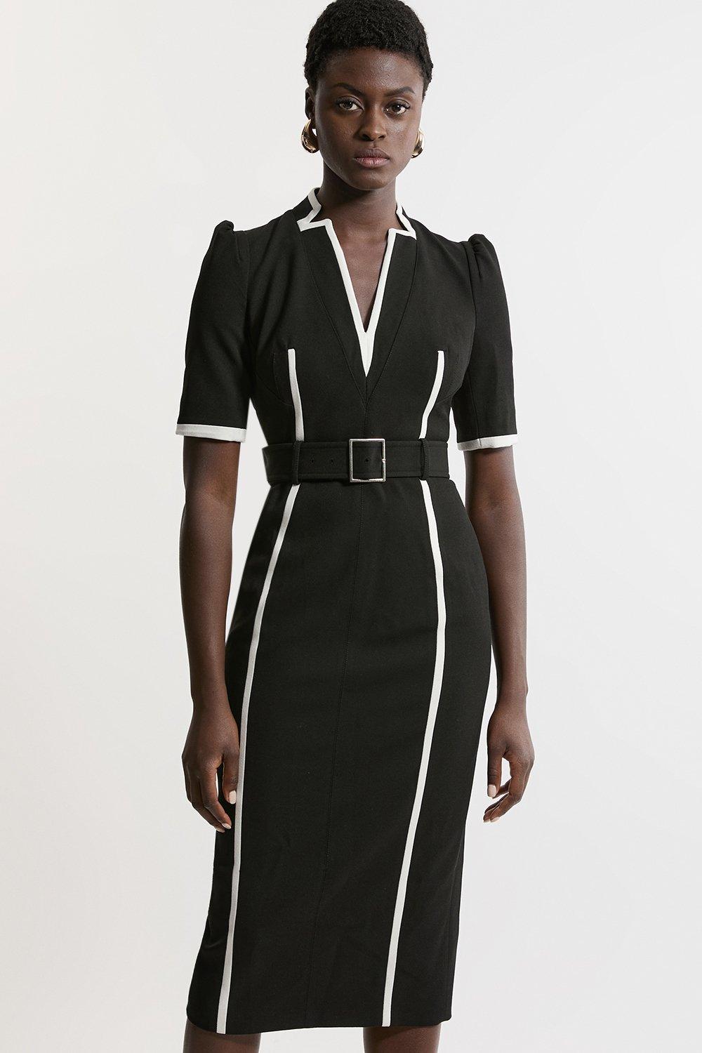 Petite Compact Stretch Contrast Tipped Forever Belted Tailored Midi Dress - Discount £60