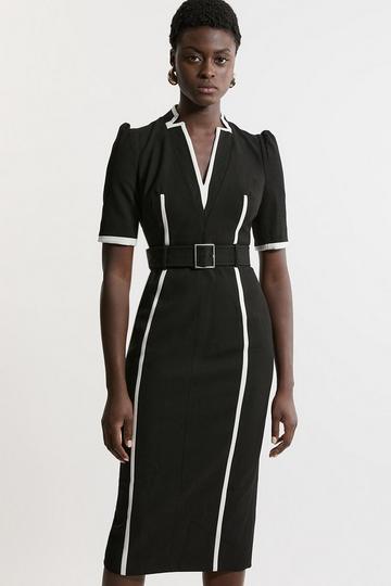 Black Petite Compact Stretch Contrast Tipped Forever Belted Tailored Midi Dress