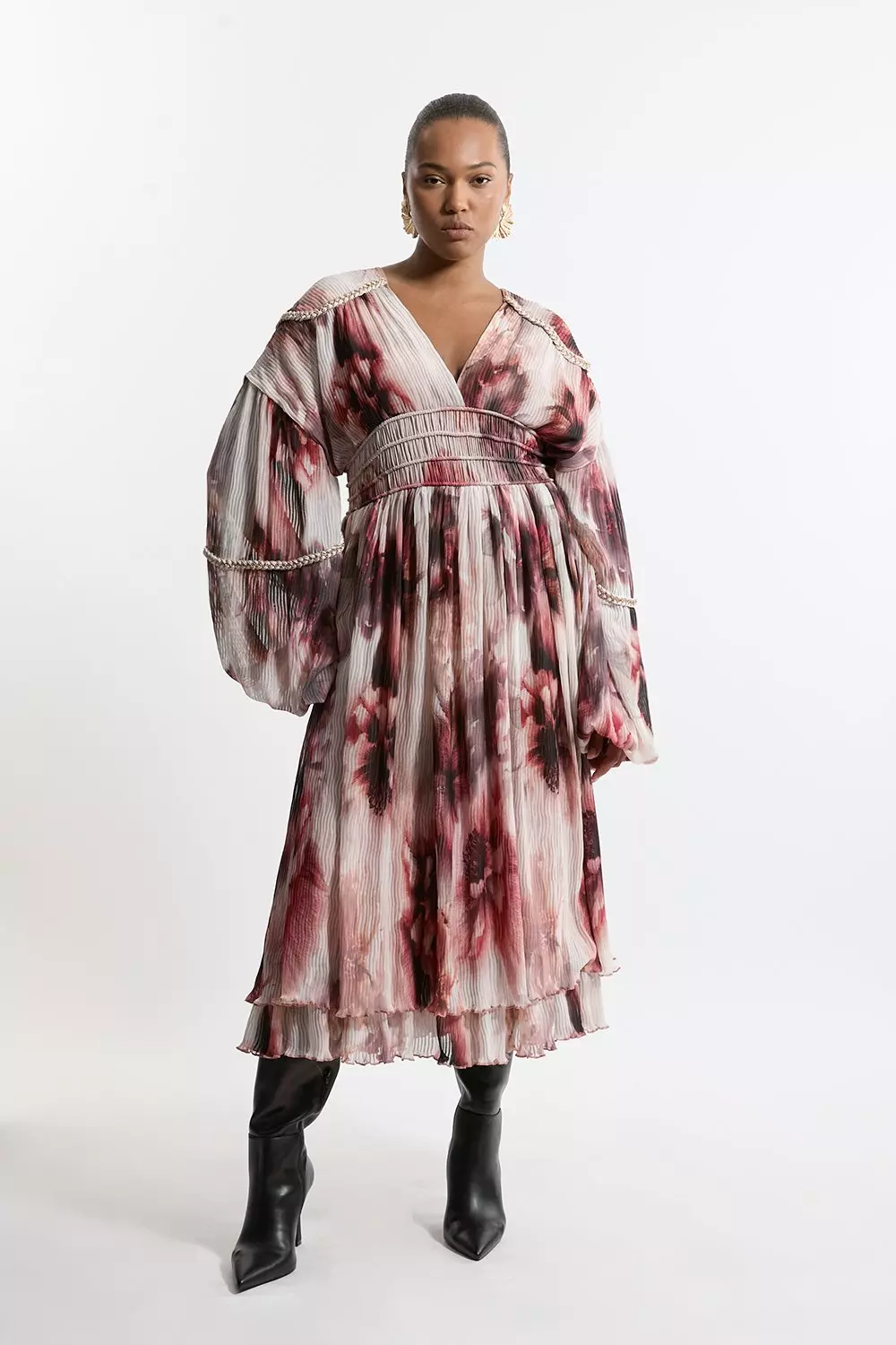 Plus Size Crinkle Floral Woven Midi Dress With Balloon
