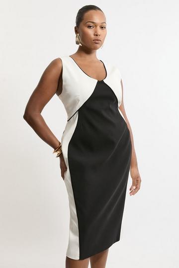 Plus Size Soft Tailored Colourblock Tailored Sleeveless Midi Dress mono