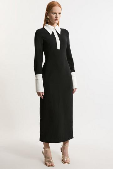 Black Tall Tailored Crepe Pencil Midi Shirt Dress