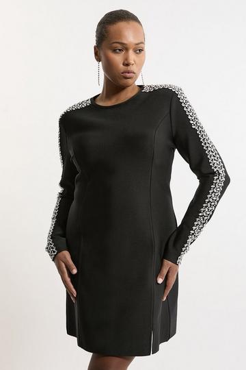 Black Plus Size Figure Form Bandage Knit Embellished Mini Dress