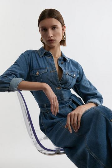 Petite Denim Tailored Collared Belted Dress mid blue