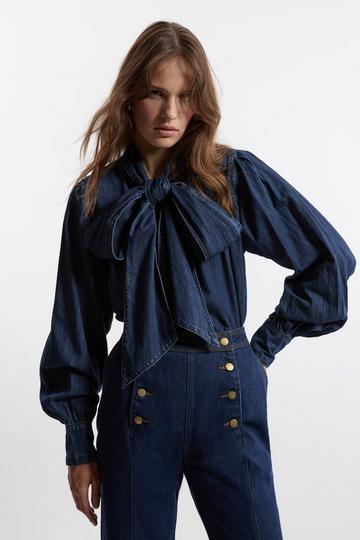 Denim Pussybow Denim Blouse indigo