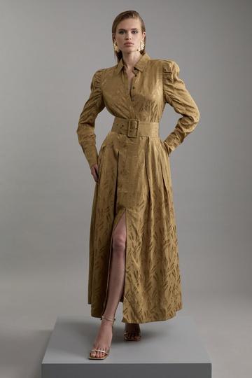 Petite Woven Jacquard Belted Shirt Dress bronze