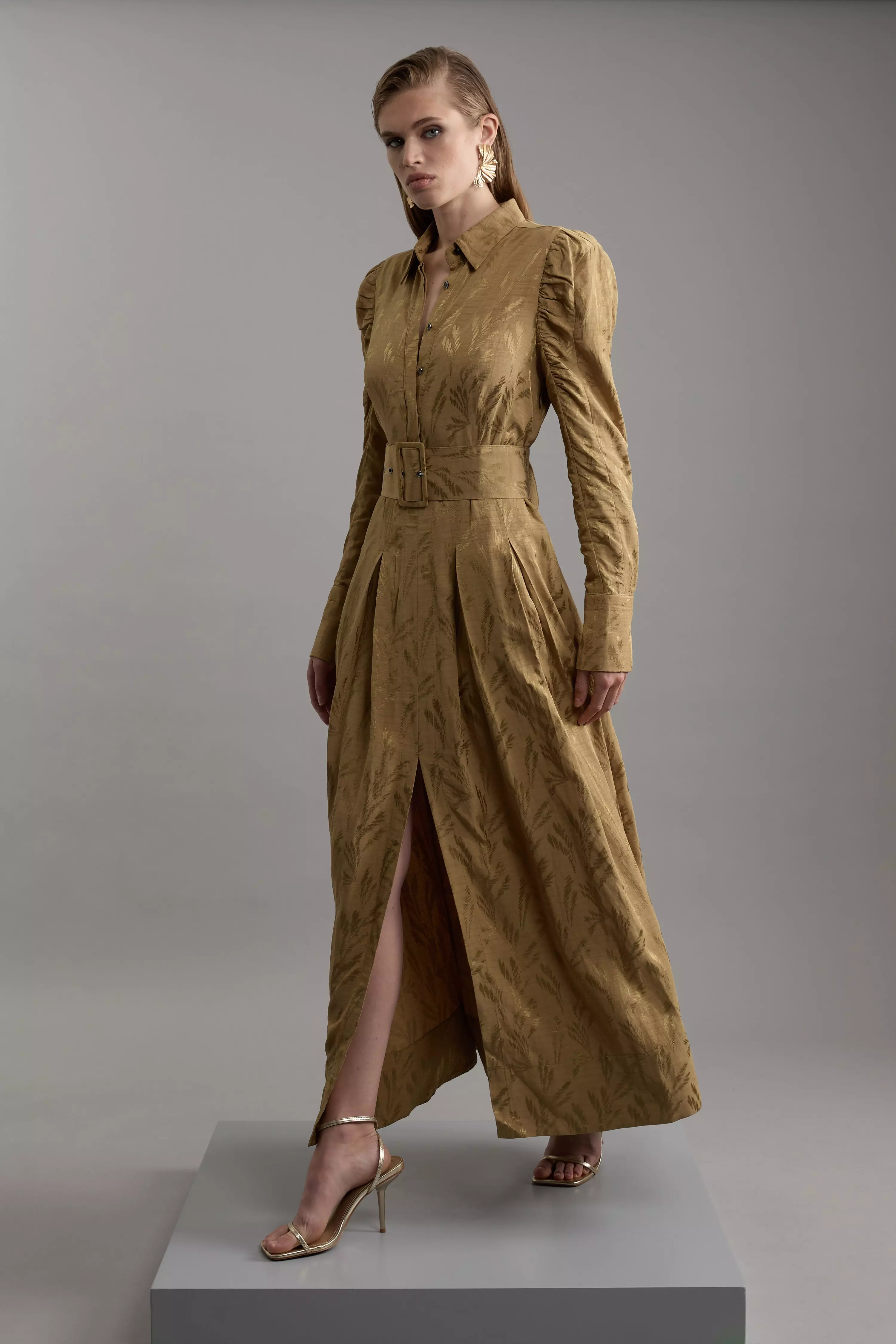 Petite Woven Jacquard Belted Shirt Dress | Karen Millen