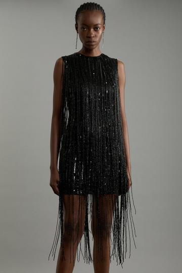 Tall Fringe Woven Sleeveless Midi Dress black