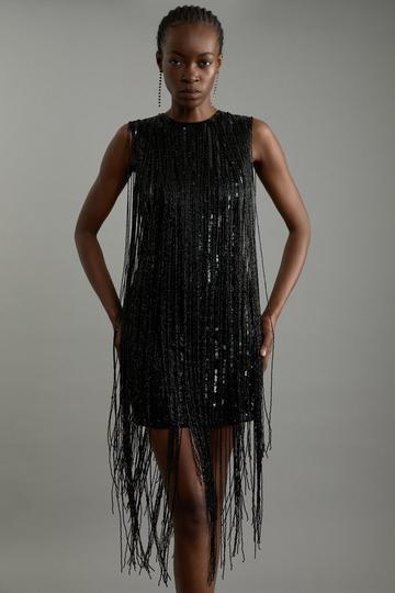 Black Beaded Fringed Sleeveless Woven Midi Dress