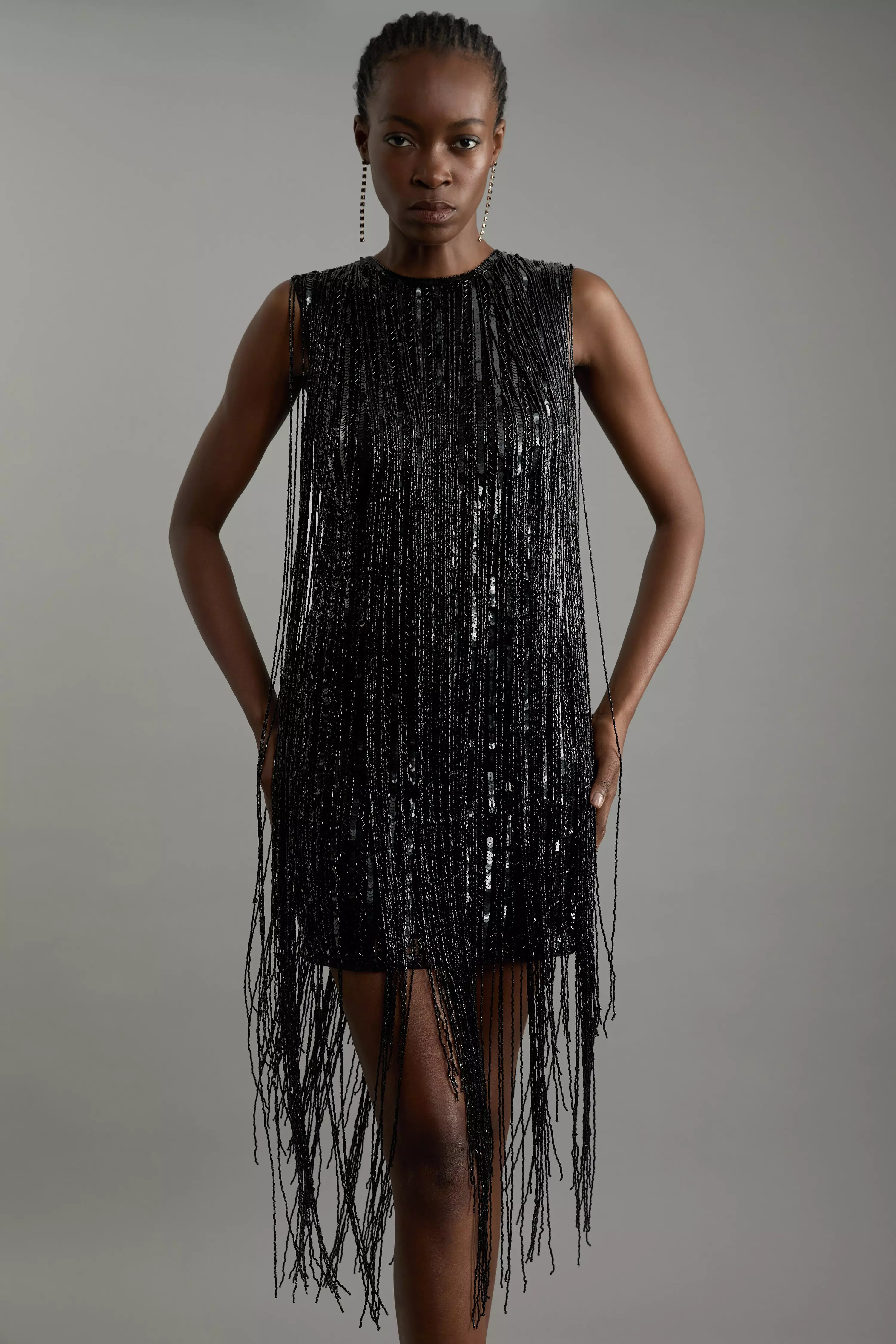Black Beaded Fringed Sleeveless Woven Midi Dress alternative image