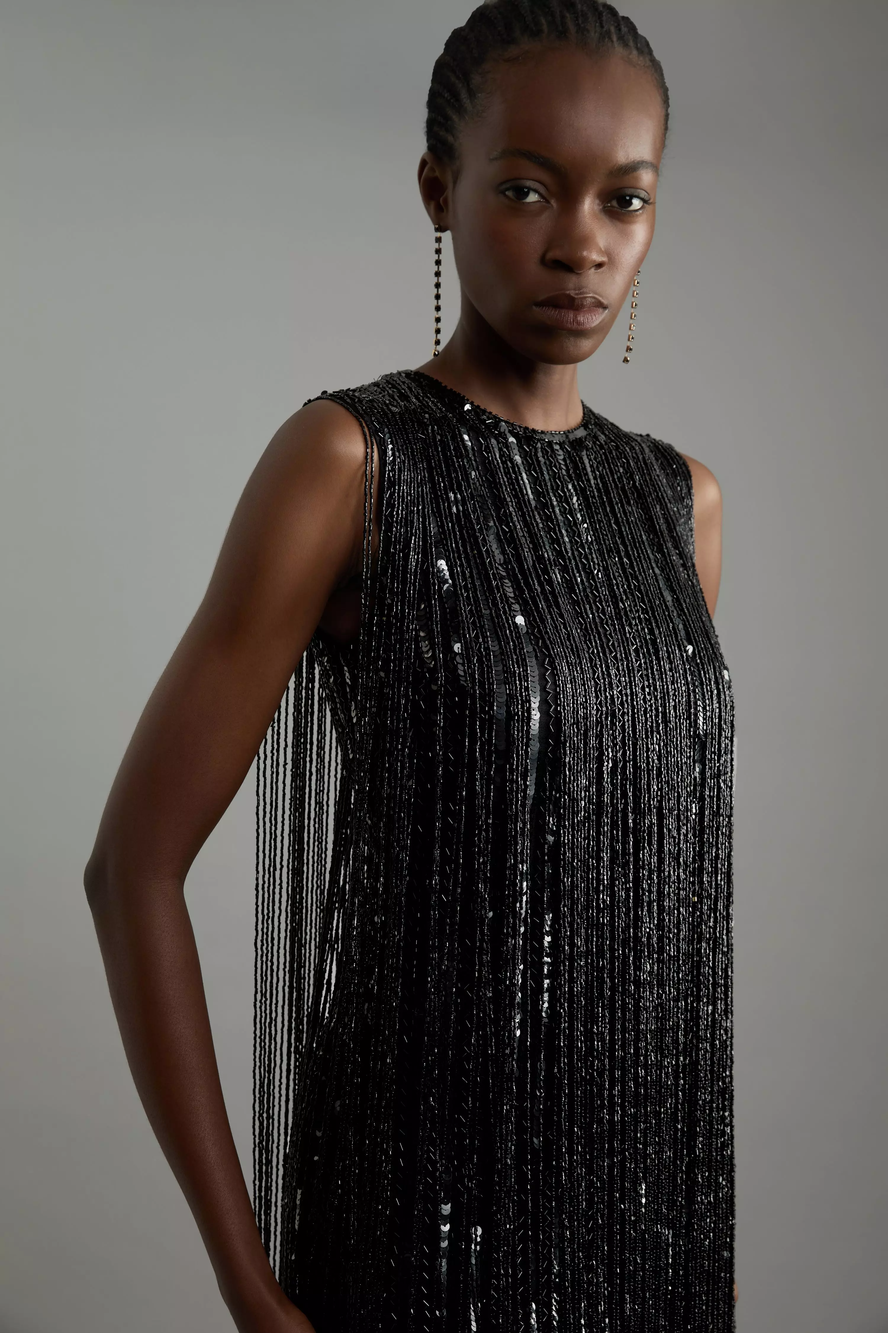 Black Beaded Fringed Sleeveless Woven Midi Dress alternative image