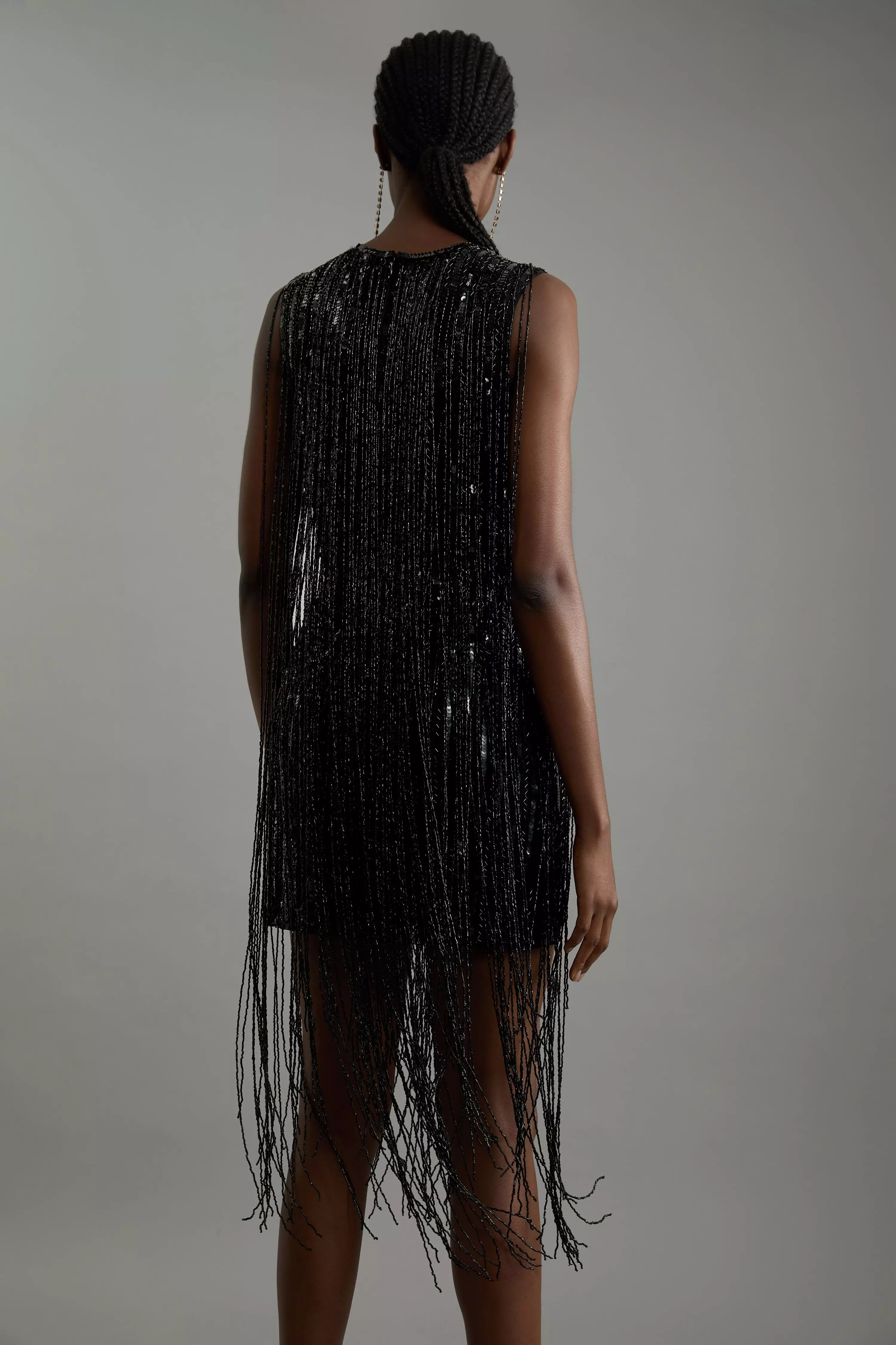 Black Beaded Fringed Sleeveless Woven Midi Dress alternative image