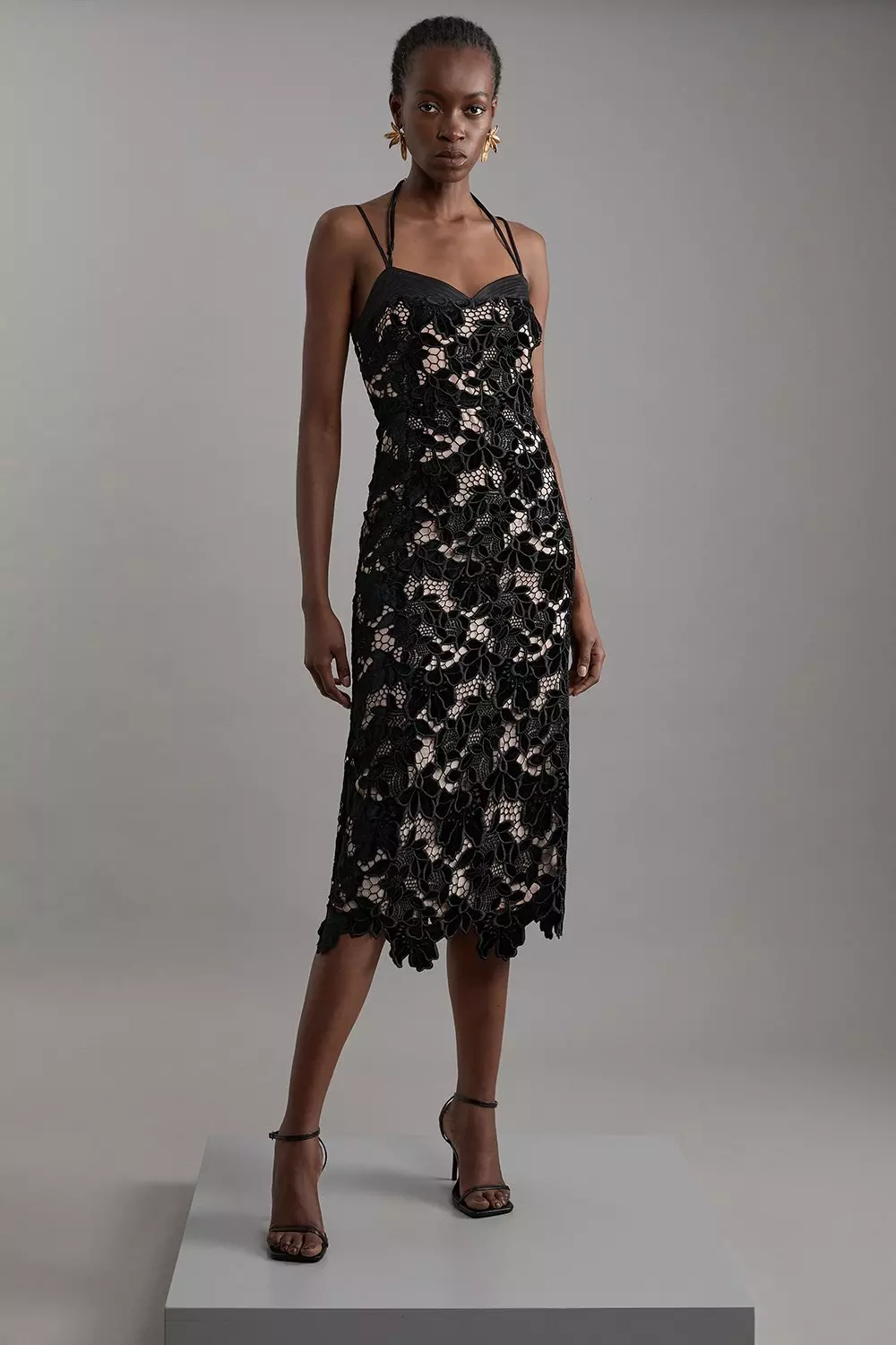 Black Tall Velvet Cutwork Lace Detail Strappy Midi Dress alternative image