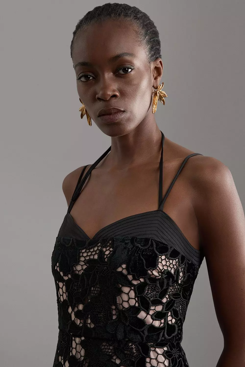 Black Tall Velvet Cutwork Lace Detail Strappy Midi Dress alternative image