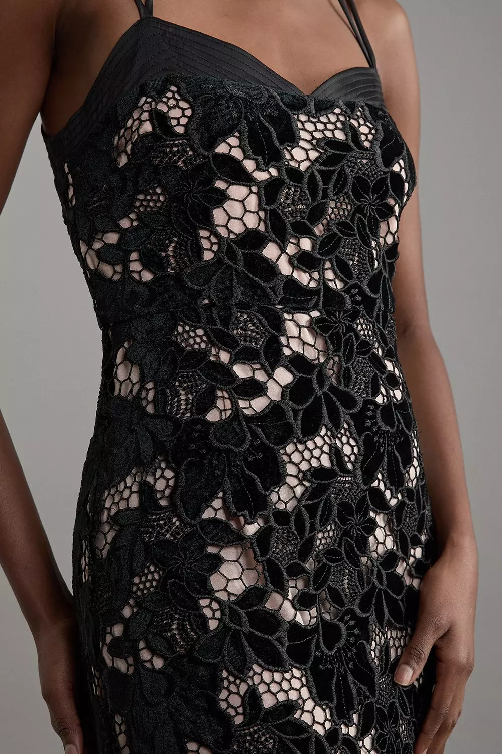 Black Tall Velvet Cutwork Lace Detail Strappy Midi Dress alternative image