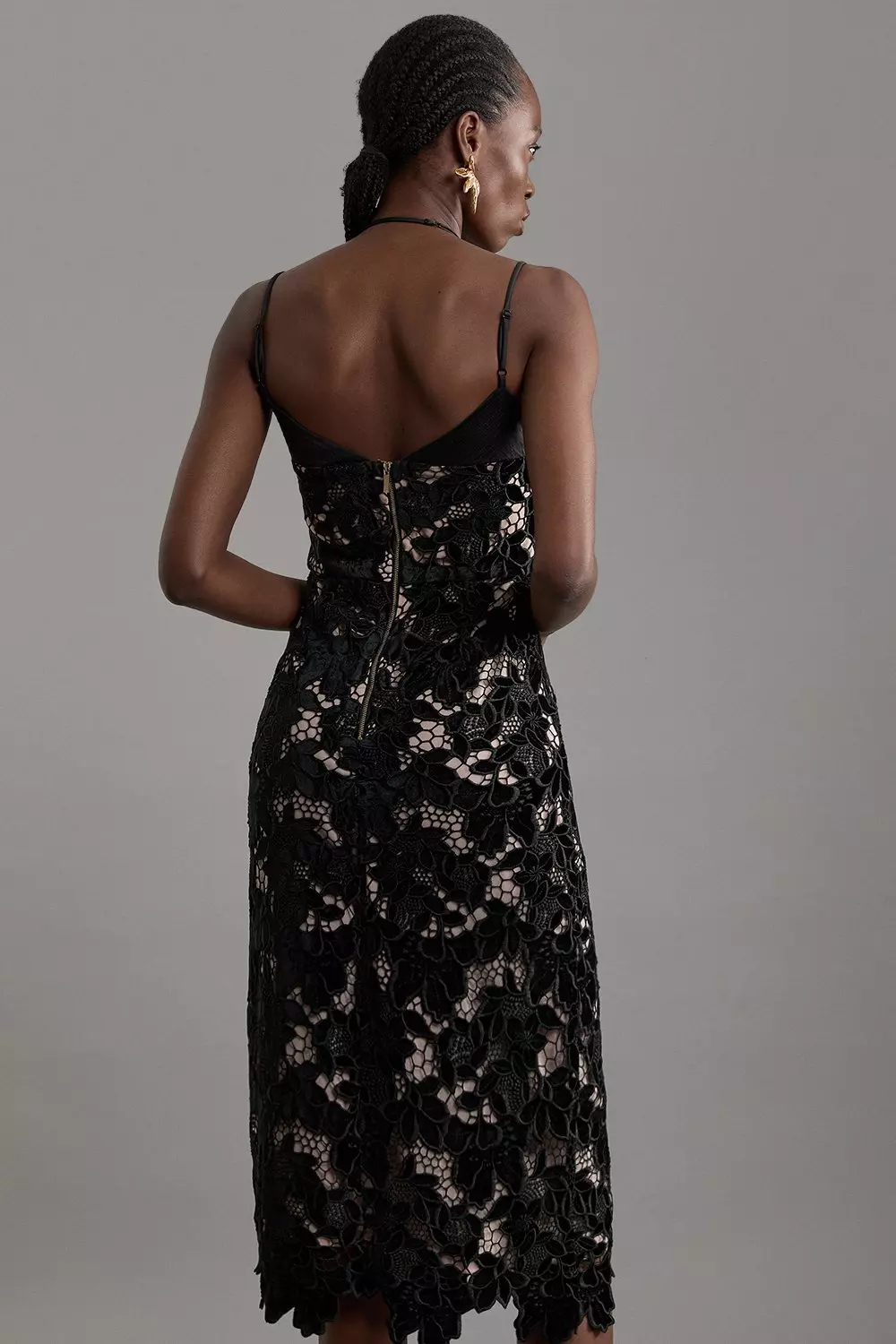 Black Tall Velvet Cutwork Lace Detail Strappy Midi Dress alternative image