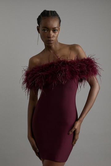 Figure Form Bandage Knit Feather Off The Shoulder Mini Dress wine