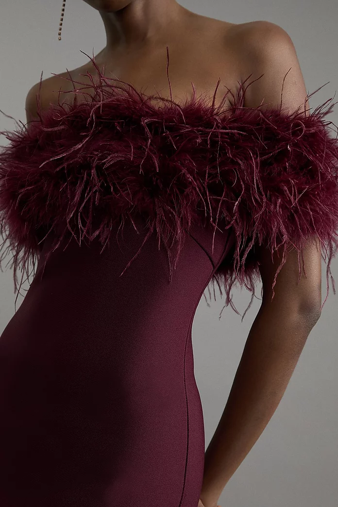 Figure Form Bandage Knit Feather Off The Shoulder Mini Dress Figure Form Bandage Knit Feather Off The Shoulder Mini Dress