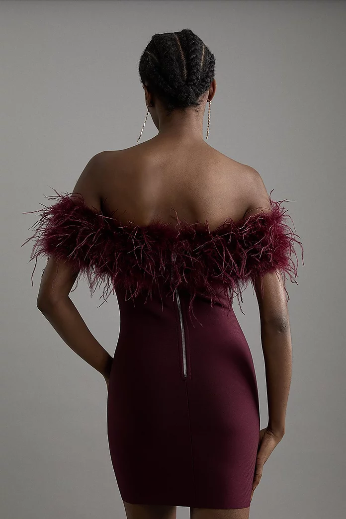 Figure Form Bandage Knit Feather Off The Shoulder Mini Dress Figure Form Bandage Knit Feather Off The Shoulder Mini Dress
