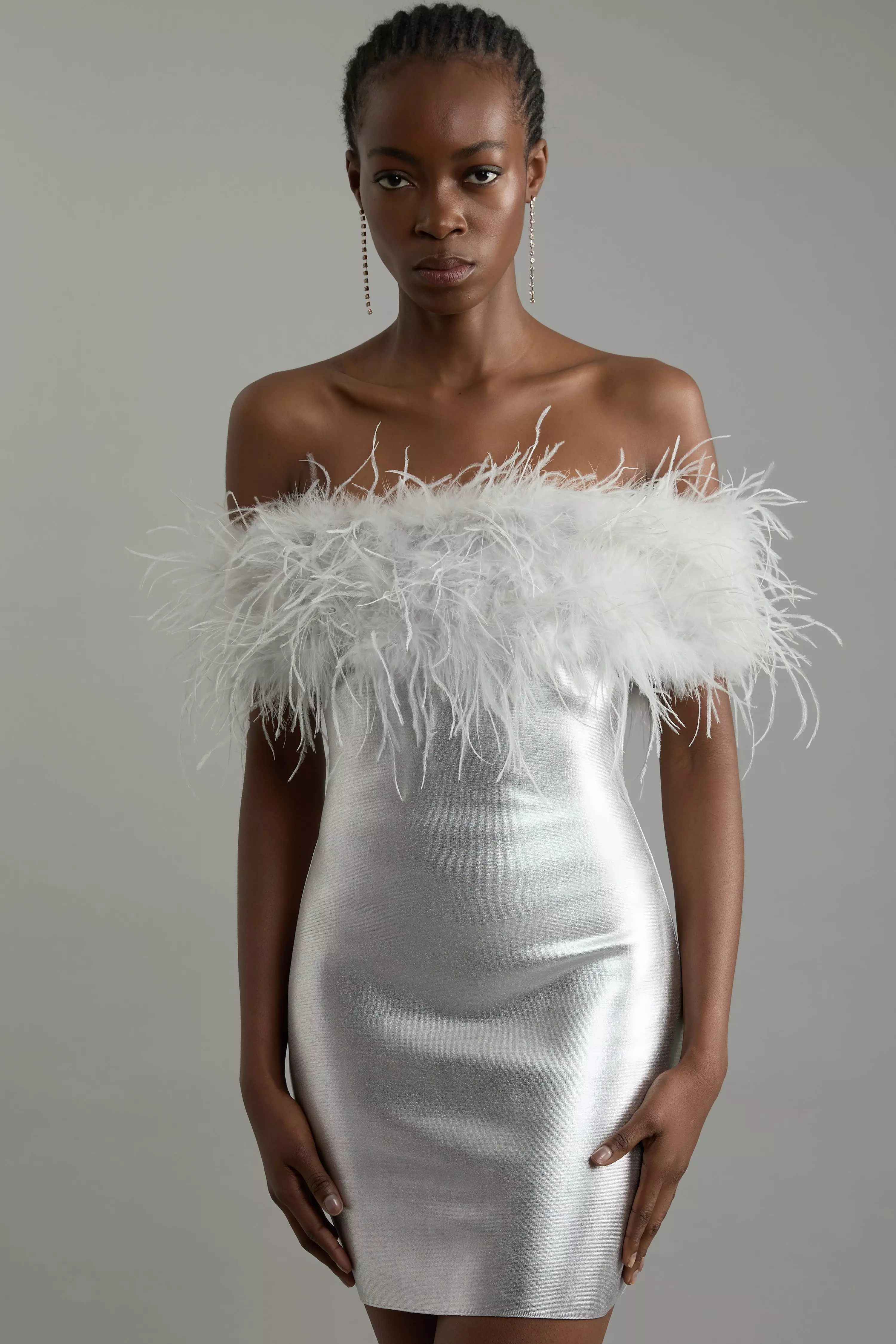 Foiled Figure Form Bandage Knit Feather Off The Shoulder