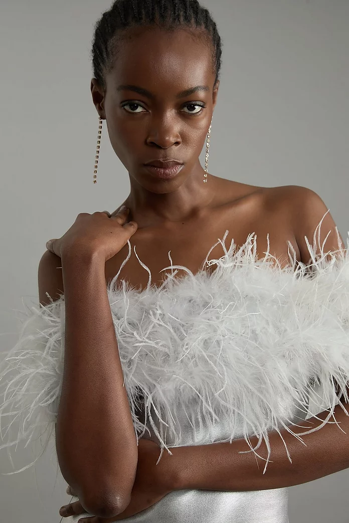 Foiled Figure Form Bandage Knit Feather Off The Shoulder Foiled Figure Form Bandage Knit Feather Off The Shoulder