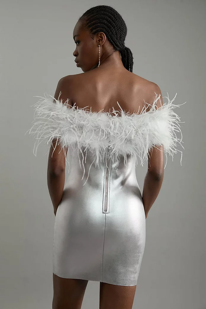 Foiled Figure Form Bandage Knit Feather Off The Shoulder Foiled Figure Form Bandage Knit Feather Off The Shoulder