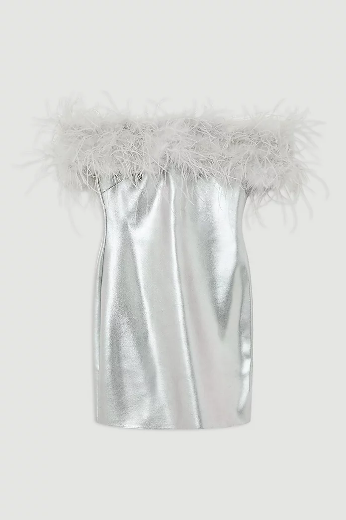 Foiled Figure Form Bandage Knit Feather Off The Shoulder Foiled Figure Form Bandage Knit Feather Off The Shoulder