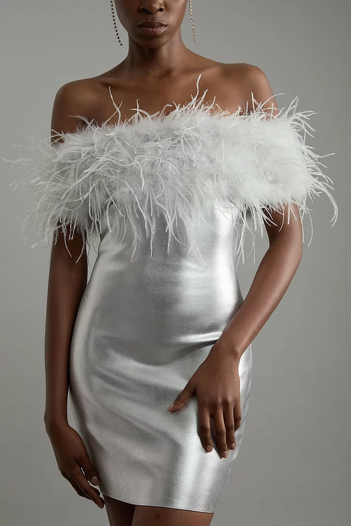 Foiled Figure Form Bandage Knit Feather Off The Shoulder Foiled Figure Form Bandage Knit Feather Off The Shoulder