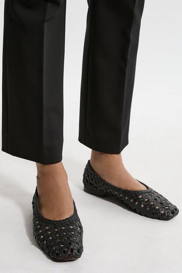 Black Leather Woven Ballet Pump