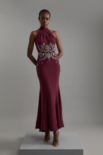 Petite Crystal Embellished Halter Midaxi Dress plum