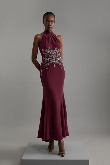 Crystal Embellished Halter Midaxi Dress plum