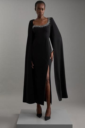 Black Petite Crystal Embellished Viscose Crepe Woven Cape Maxi Dress