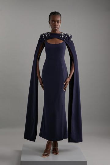 Crystal Embellished Viscose Crepe Maxi Dress With Detachable Cape navy