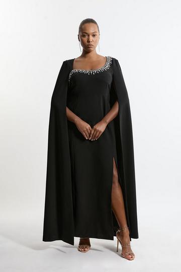 Plus Size Crystal Embellished Viscose Crepe Woven Cape Maxi Dress black