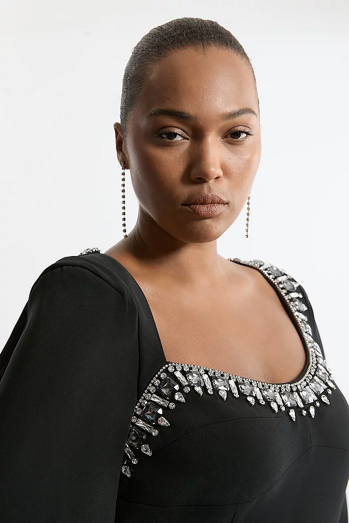 Plus Size Crystal Embellished Viscose Crepe Woven Cape Maxi Plus Size Crystal Embellished Viscose Crepe Woven Cape Maxi