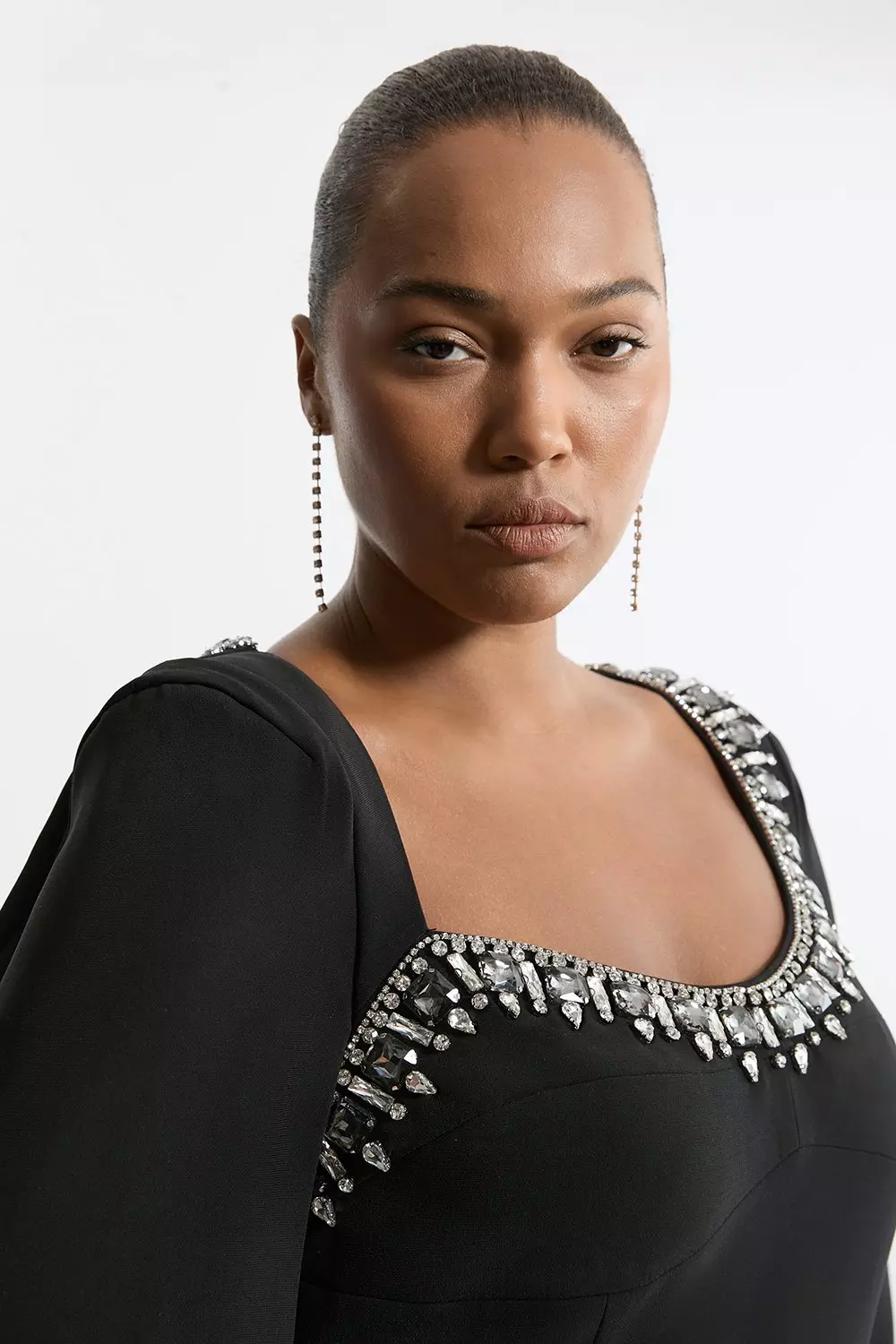 Plus Size Crystal Embellished Viscose Crepe Woven Cape Maxi