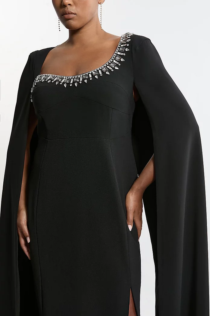 Plus Size Crystal Embellished Viscose Crepe Woven Cape Maxi Plus Size Crystal Embellished Viscose Crepe Woven Cape Maxi