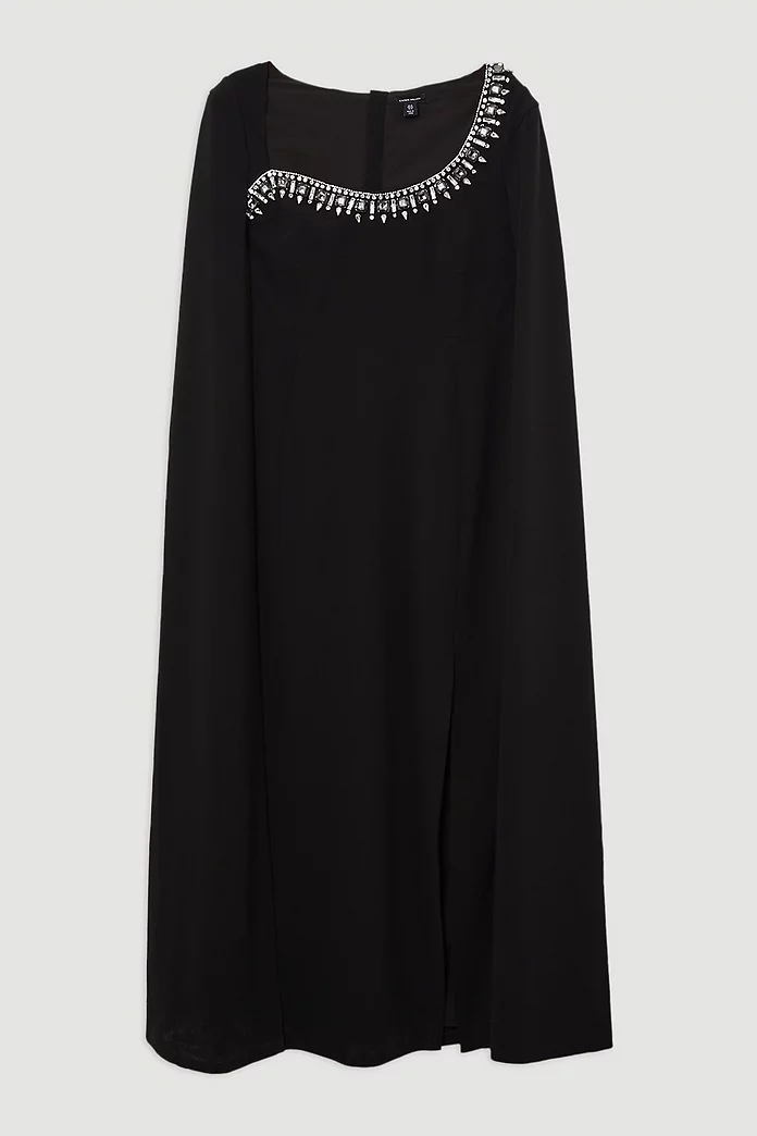 Plus Size Crystal Embellished Viscose Crepe Woven Cape Maxi Plus Size Crystal Embellished Viscose Crepe Woven Cape Maxi