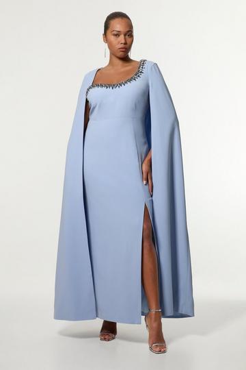 Blue Plus Size Crystal Embellished Viscose Crepe Woven Cape Maxi Dress