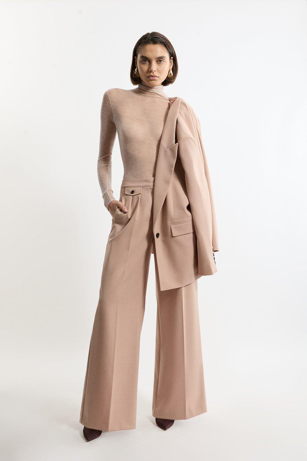 Camel Wool Blend Tailored Wide Leg Trousers