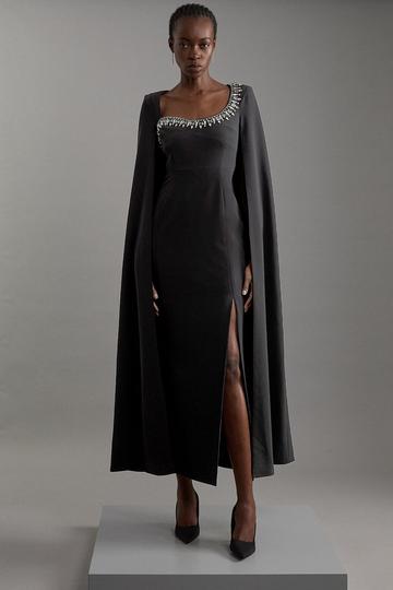 Crystal Embellished Viscose Crepe Woven Cape Midi Dress black