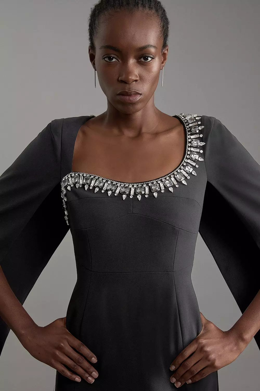 Crystal Embellished Viscose Crepe Woven Cape Maxi Dress
