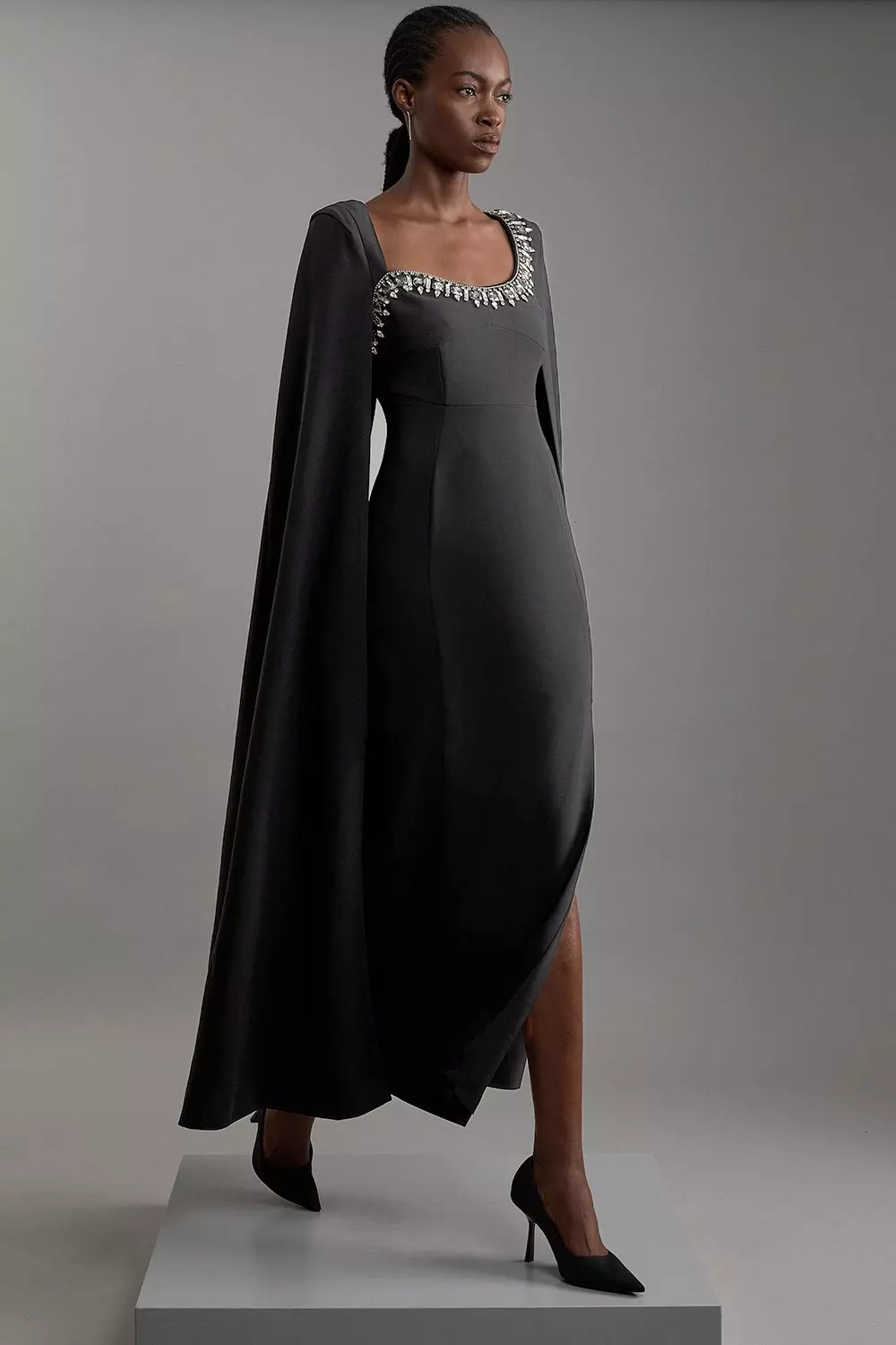 Crystal Embellished Viscose Crepe Woven Cape Maxi Dress