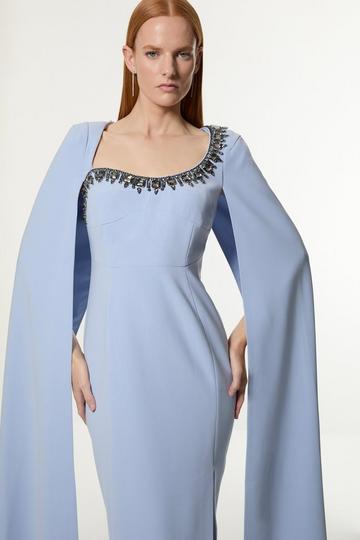 Crystal Embellished Viscose Crepe Woven Cape Maxi Dress blue