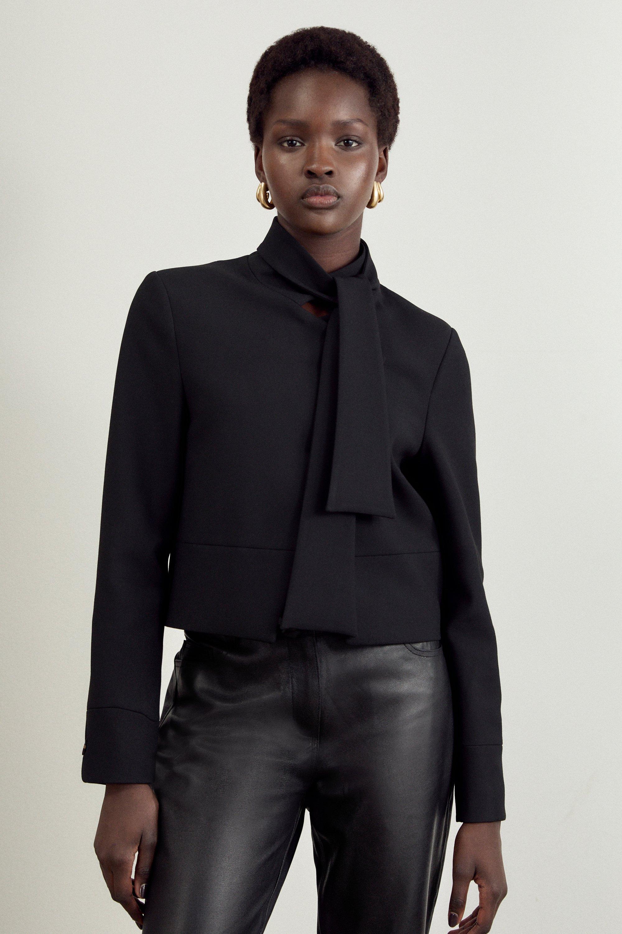 Black The Founder Compact Stretch Cropped Tie Neck Tailored Blazer 