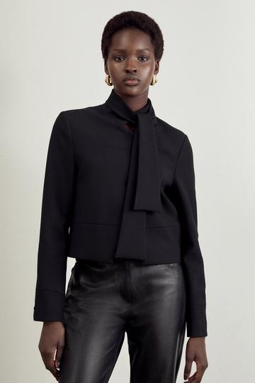 The Founder Compact Stretch Cropped Tie Neck Tailored Blazer black